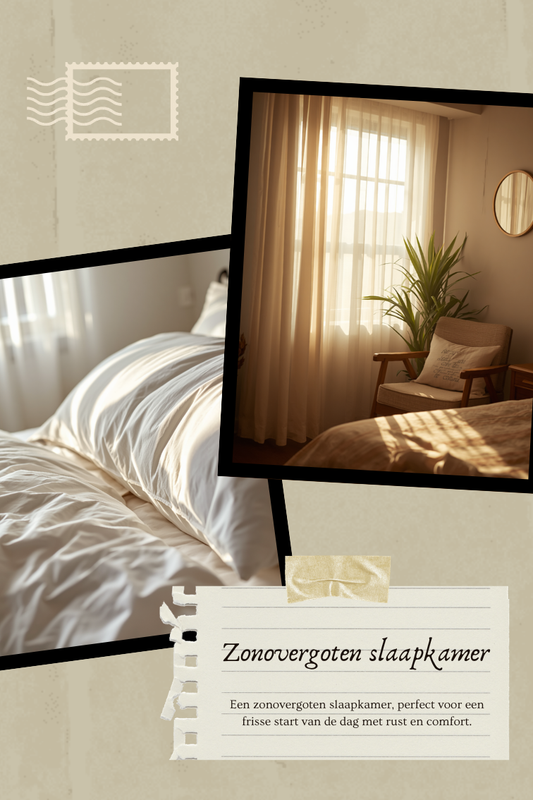 Zonovergoten slaapkamer in de vroege ochtend met een zacht opgemaakt bed en fris opgeschud hoofdkussen, warme rustgevende sfeer