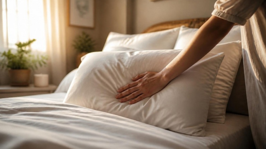 Warm, sfeervolle slaapkamerscene met zacht ochtendlicht op een vers opgemaakt bed, een hand die liefdevol een kussen gladstrijkt
