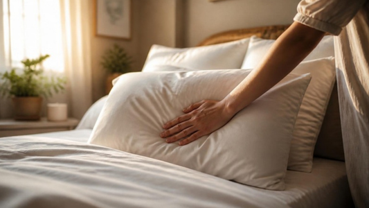 Warm, sfeervolle slaapkamerscene met zacht ochtendlicht op een vers opgemaakt bed, een hand die liefdevol een kussen gladstrijkt