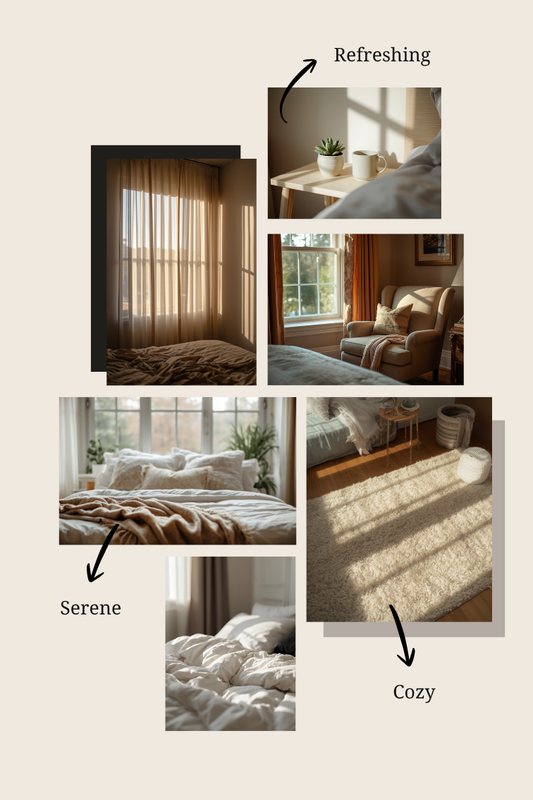 Sfeervolle slaapkamer in zacht ochtendlicht met een luchtig, vers opgemaakt bed dat een gevoel van rust en frisheid uitstraalt.