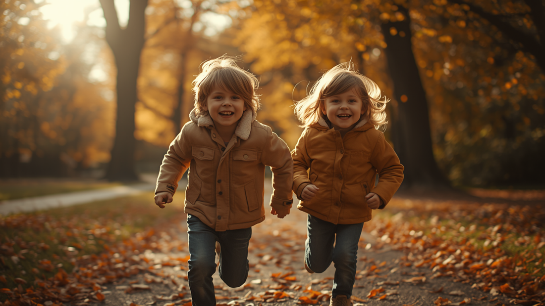 Twee kinderen rennen lachend door een zonovergoten herfstpark, vol avontuur en speelplezier tijdens het buitenspelen