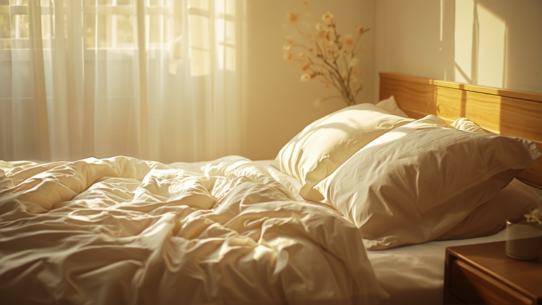 Zonnige slaapkamer in de vroege ochtend met een opgemaakt bed in zachte, lichte kleuren en warm ochtendlicht door het gordijn, sfeer van heerlijk uitgeslapen wakker worden