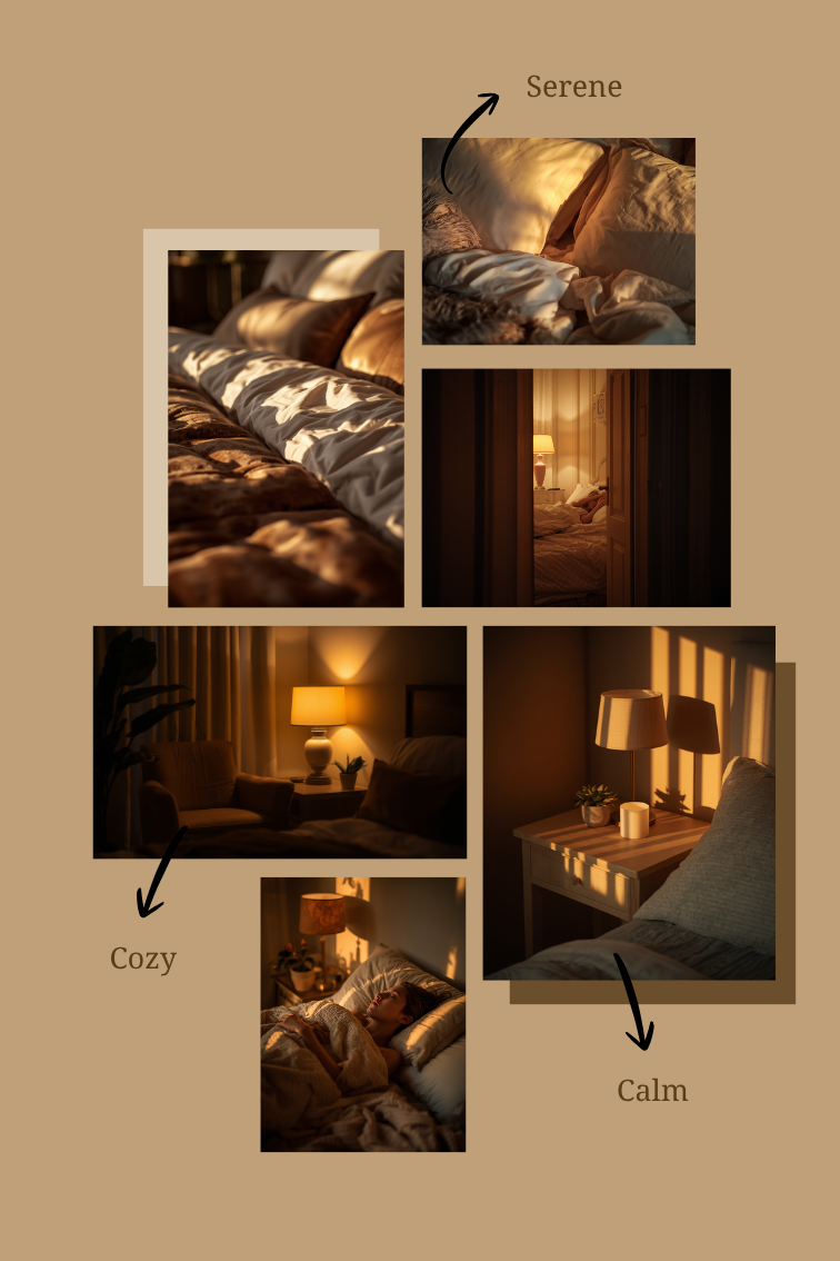 Iemand ligt ontspannen en rustig te slapen in een warm, zacht verlichte slaapkamer in de avond, met een gevoel van diepe rust en geborgenheid.