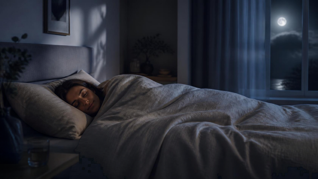 Slaapkamer in zacht maanlicht waar iemand diep en vredig ligt te slapen onder een deken, met een koele, rustgevende sfeer