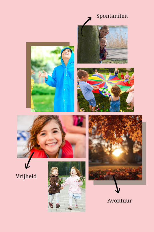 Twee kinderen rennen lachend en opgewonden door een zonnig park in gouden avondlicht, alsof ze samen een geheime buitenmissie beleven