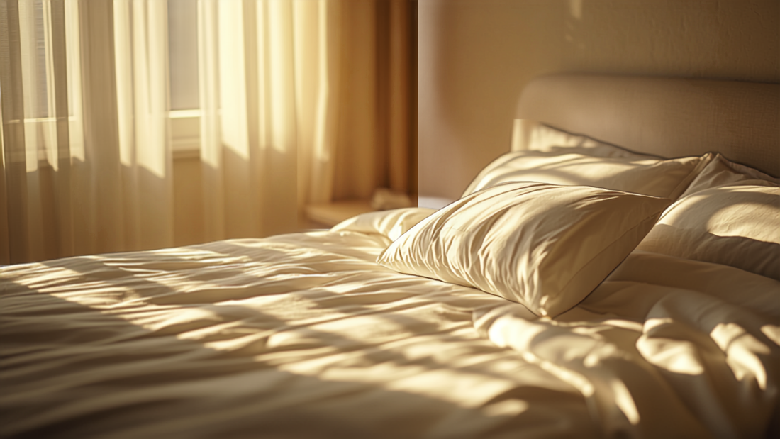 Sfeervolle, zonovergoten slaapkamer in de vroege ochtend met een keurig opgemaakt bed en een dik hoofdkussen, symbool voor rust en een hotelgevoel thuis.