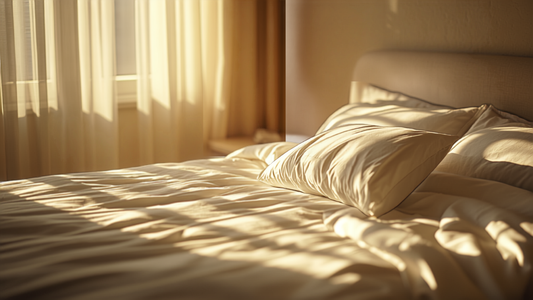 Sfeervolle, zonovergoten slaapkamer in de vroege ochtend met een keurig opgemaakt bed en een dik hoofdkussen, symbool voor rust en een hotelgevoel thuis.