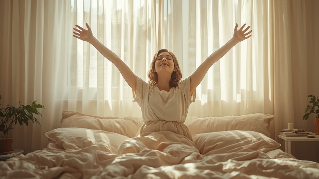 Vrouw wordt uitgerust en ontspannen wakker in bed met zacht, warm ochtendlicht