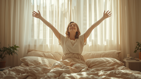 Vrouw wordt uitgerust en ontspannen wakker in bed met zacht, warm ochtendlicht