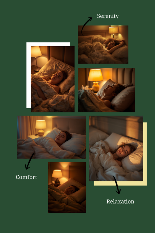 Iemand ontspant in zacht avondlicht op een opgemaakt bed, met gesloten ogen en een rustige, tevreden uitdrukking na een lange dag.