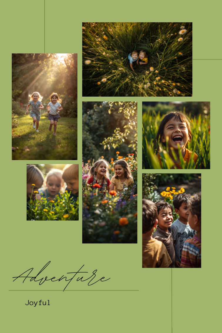 Twee kinderen rennen lachend door een zonnige, groene tuin tijdens een fantasievol buitenavontuur, warm gouden licht tussen de bomen