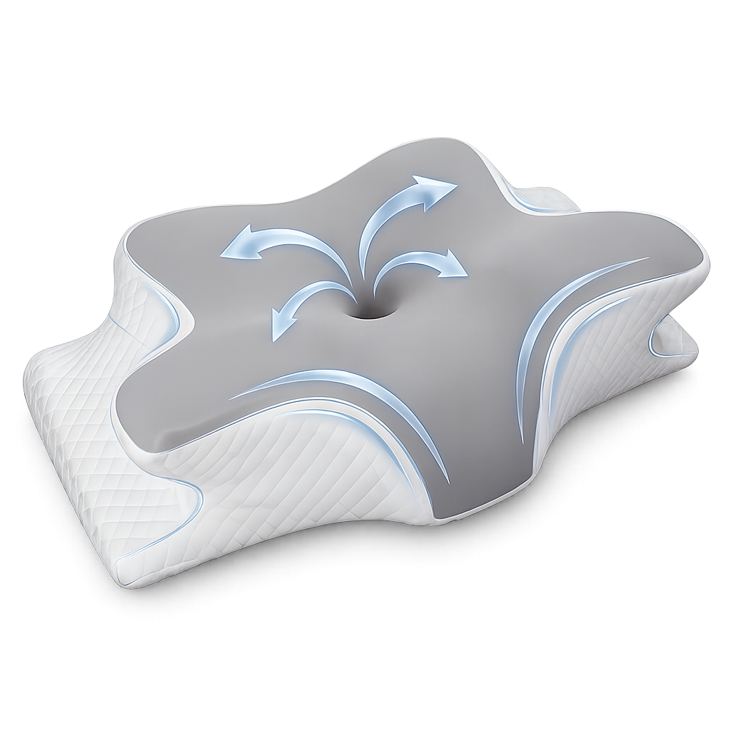 Vlindervormig hoofdkussen met verkoelende hoes op een opgemaakt bed, symbool voor een rustige, ontspannen nachtrust.